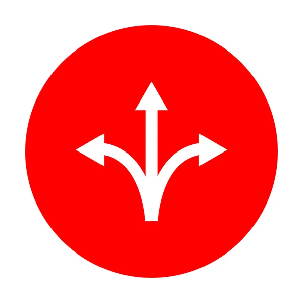 Drei-Wege-Richtungspfeil. weißes Symbol auf rotem Kreis. — Stockvektor
