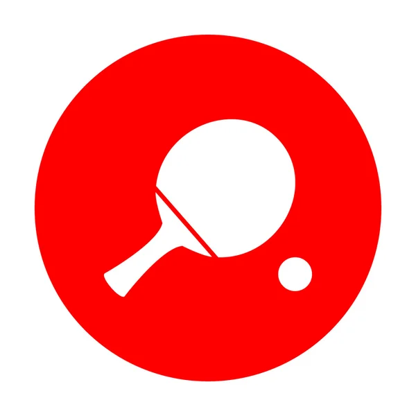 Ping pong paddle with ball. White icon on red circle. — Stock Vector