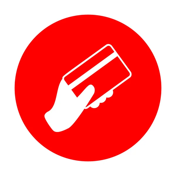 Χέρι που κρατά μια πιστωτική κάρτα. Λευκό εικονίδιο στον κόκκινο κύκλο. — Διανυσματικό Αρχείο
