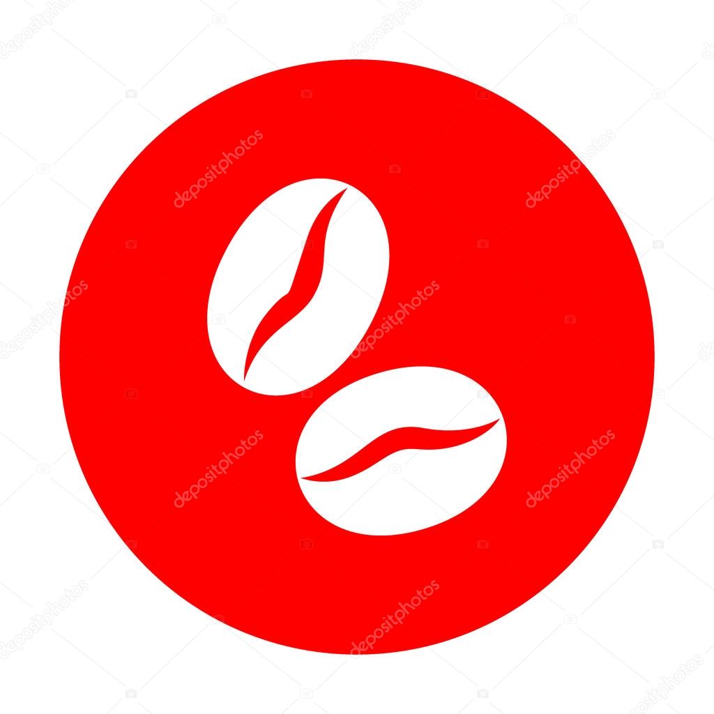 Coffee beans sign. White icon on red circle.