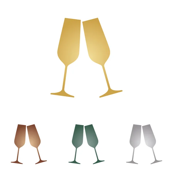 Sparkling champagne glasses. Metal icons on white backgound. — Stock Vector