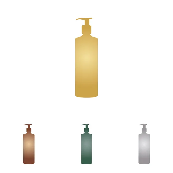 Gel, Schaum oder Flüssigseife. Spender Pumpe Kunststoffflaschensilhouette. Metall-Ikonen auf weißem Grund. — Stockvektor