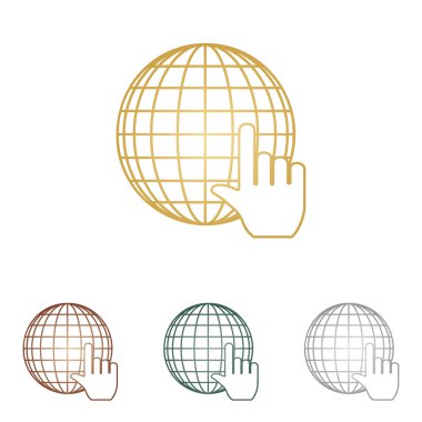 İmleç ile dünya küre. Beyaz artalan üzerinde metal simgeleri.