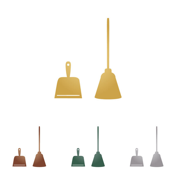 Dustpan vector sign. Scoop for cleaning garbage housework dustpan equipment. Metal icons on white backgound.