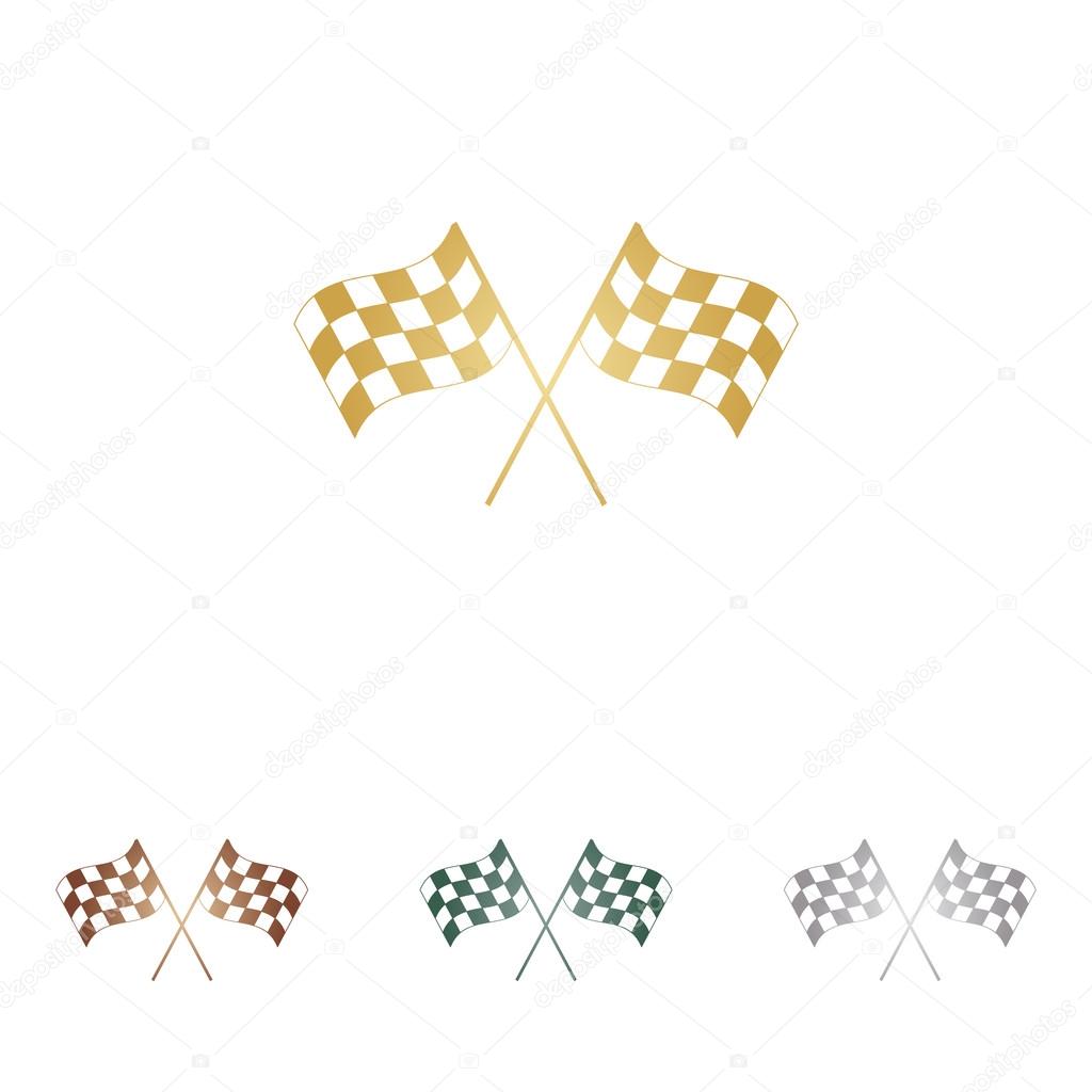 Crossed checkered flags logo waving in the wind conceptual of motor sport. Metal icons on white backgound.