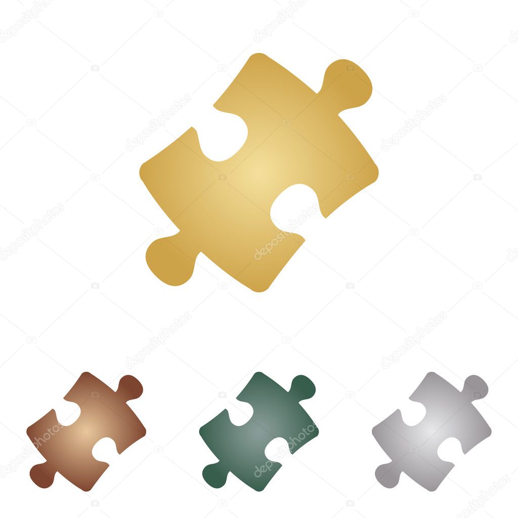 Puzzle piece sign. Metal icons on white backgound.