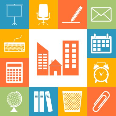 Ofis aksesuarları simgeler Derma ayarlayın. Flar stil vektör çizim