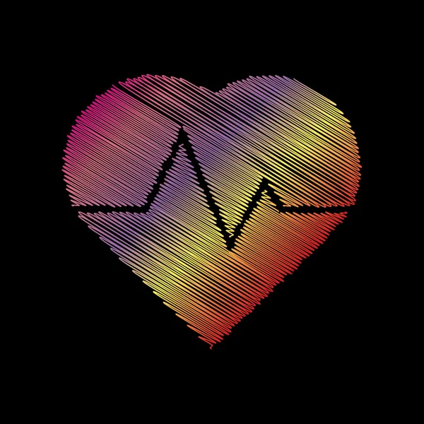Illustration de signe de battement de coeur. Effet craie colorée sur fond noir . — Image vectorielle