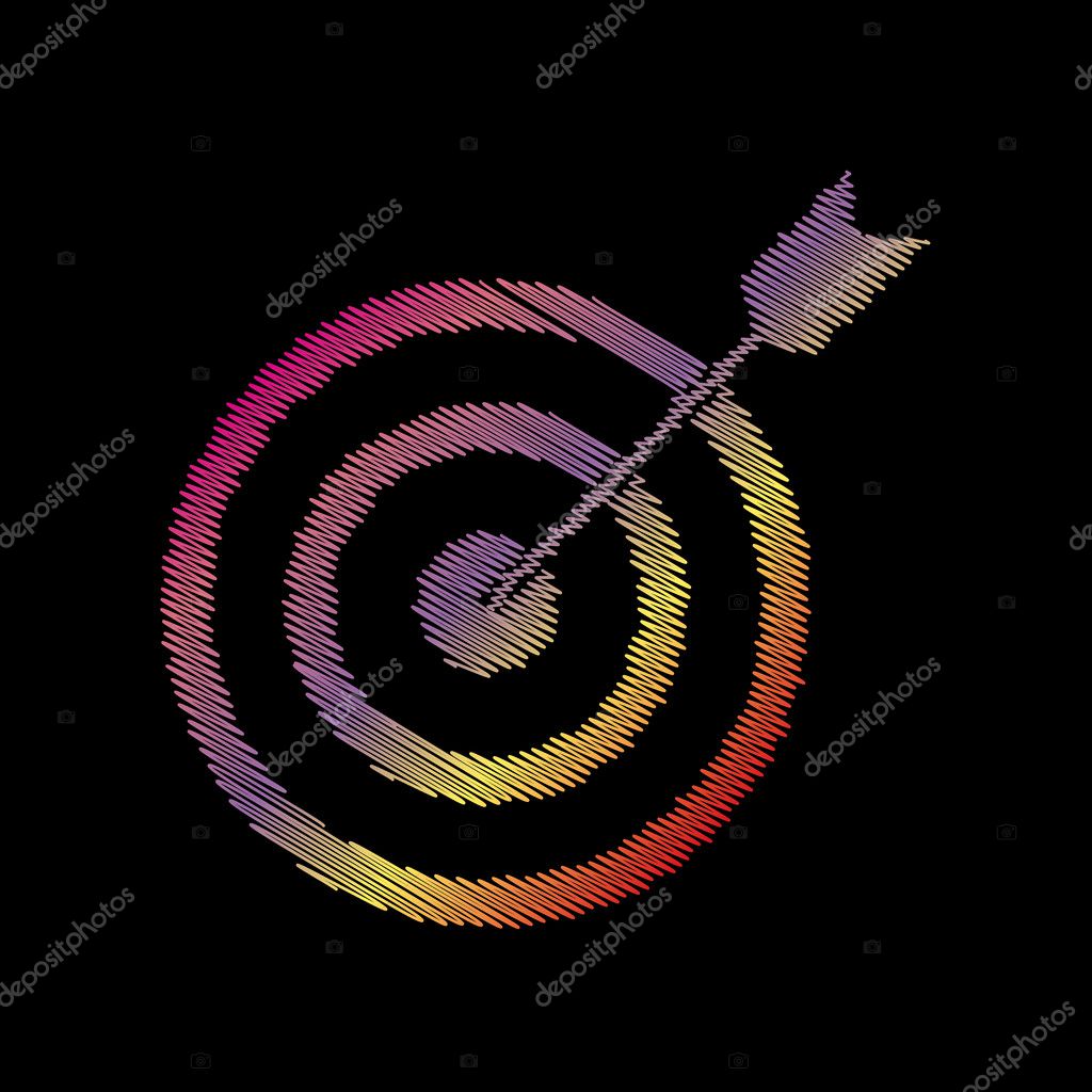 Target with dart. Coloful chalk effect on black backgound. — Stock