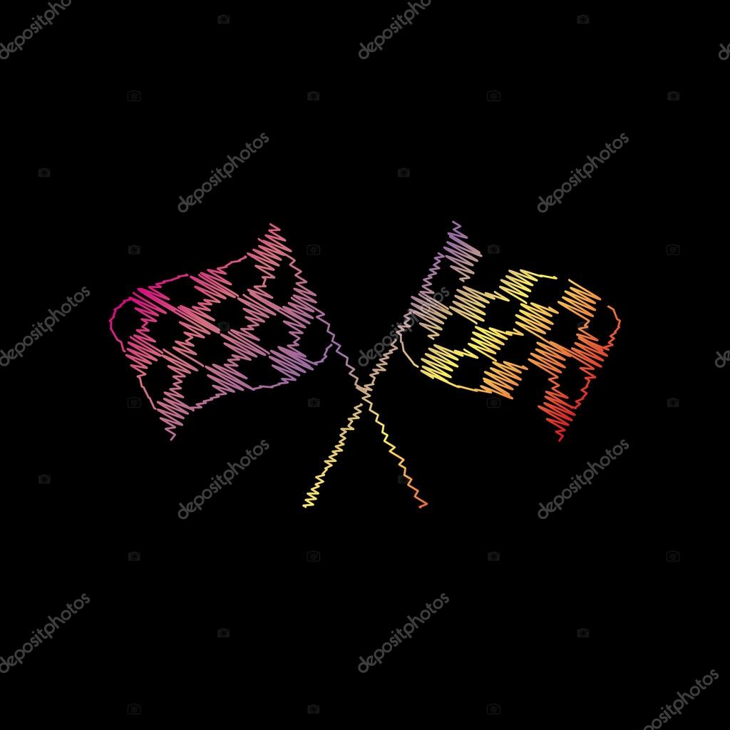 Crossed checkered flags logo waving in the wind conceptual of motor sport. Coloful chalk effect on black backgound.