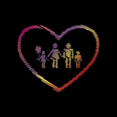 Family sign illustration in heart shape. Coloful chalk effect on black backgound. clipart