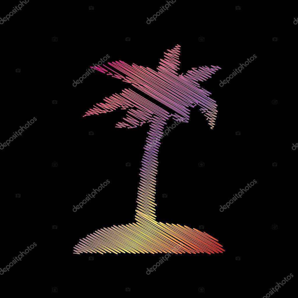 Coconut palm tree sign. Coloful chalk effect on black backgound.