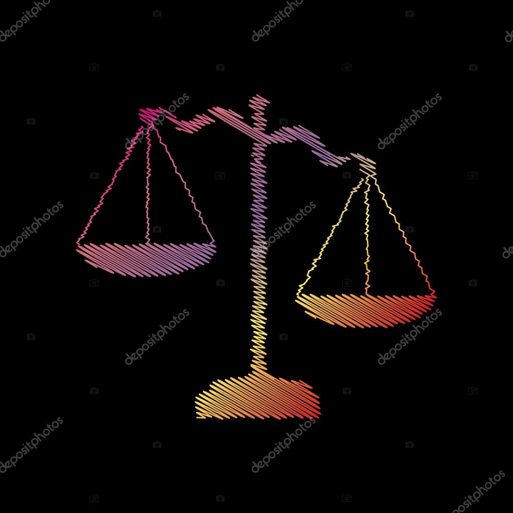 Scales of Justice sign. Coloful chalk effect on black backgound. Stock