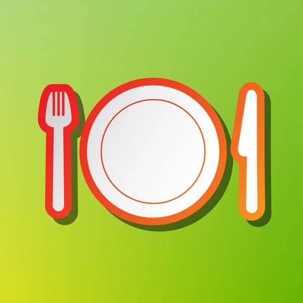 Tenedor, plato y cuchillo. Icono de contraste con trazo rojizo sobre fondo verde . — Archivo Imágenes Vectoriales