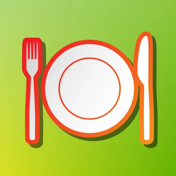 Fork, tape and Knife sign. Contrast icon with reddish stroke on green backgound. — 스톡 벡터