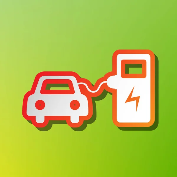 Cartel de carga de batería de coche eléctrico. Icono de contraste con trazo rojizo sobre fondo verde . — Vector de stock