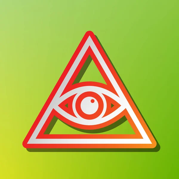 All seeing eye pyramid symbol. Freemason and spiritual. Contrast icon with reddish stroke on green backgound. — Stock Vector