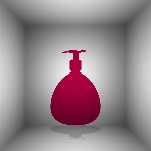 Gel, Schaum oder Flüssigseife. Spender Pumpe Kunststoffflaschensilhouette. Bordo-Symbol mit Schatten im Raum. — Stockvektor