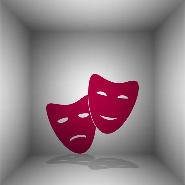 Theaterikone mit glücklichen und traurigen Masken. Bordo-Symbol mit Schatten im Raum. — Stockvektor