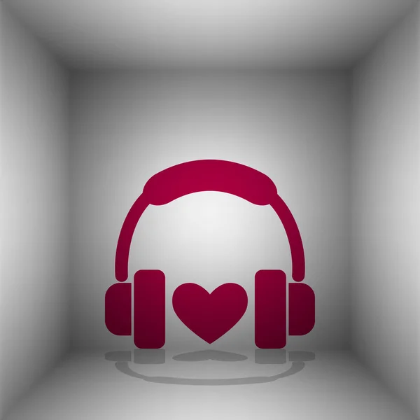 Headphones with heart. Bordo icon with shadow in the room. — Stock Vector