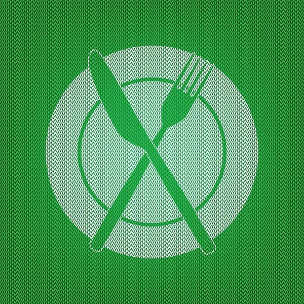 Fork, tape and Knife sign. white icon on the green knitwear or w — Stock Vector