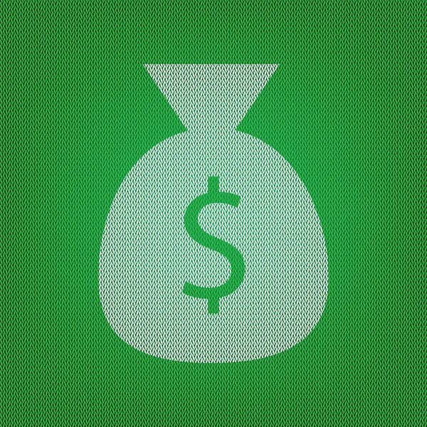 Peníze pytle znamení ilustrace. na zelené pletené bílé ikonu nebo — Stockový vektor