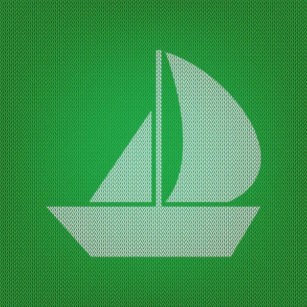 Señal de barco de vela. icono blanco en la prenda de punto verde o tela de lana — Vector de stock