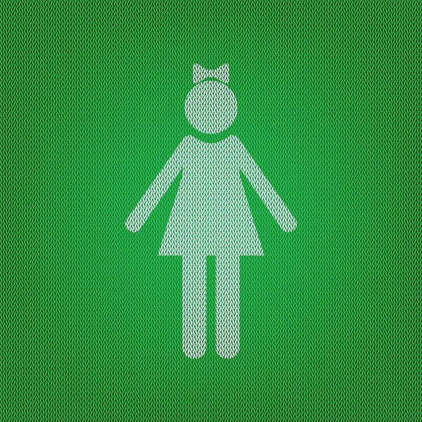 Dziewczynka ilustracja znak. Biała ikona na zielony dzianina lub wełny — Wektor stockowy
