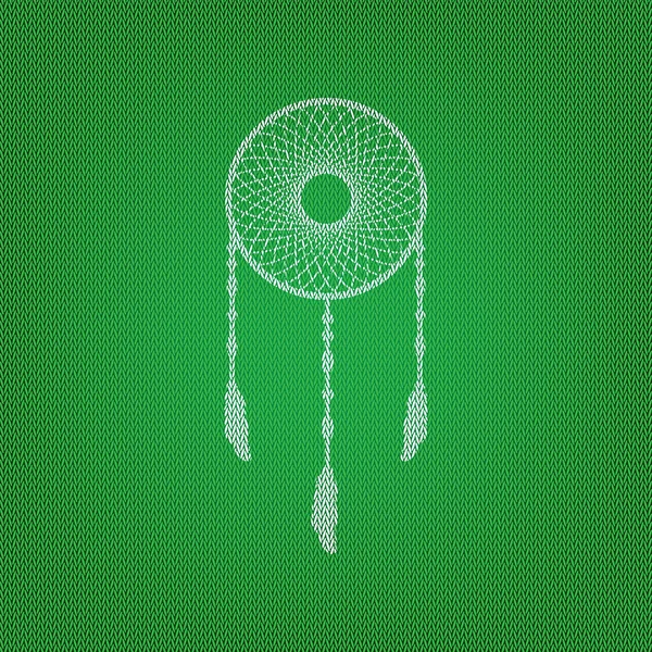 Dream catcher znamení. bílá ikona na zelené pletené nebo vlněné c — Stockový vektor