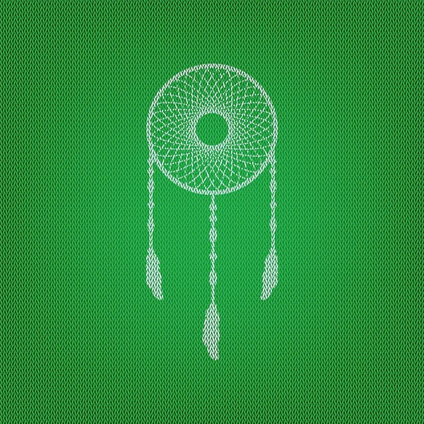 Dream catcher teken. wit pictogram op de Groene gebreide of wollen c — Stockvector