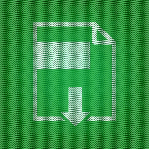 Signo de descarga de archivos. icono blanco en la prenda de punto verde o c de lana — Vector de stock