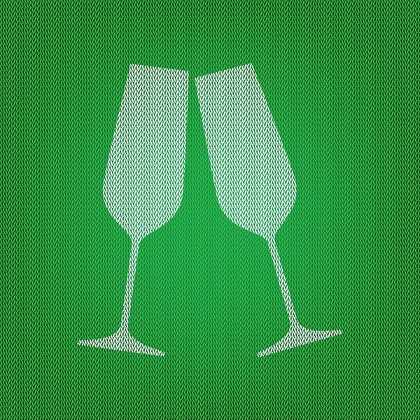 Copas de champán espumosas. icono blanco en la prenda de punto verde o — Vector de stock