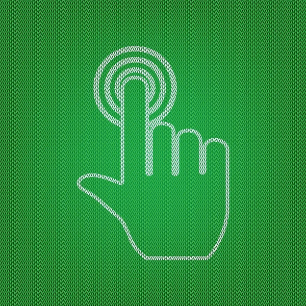 Mano haga clic en botón. icono blanco en la prenda de punto verde o de lana — Vector de stock