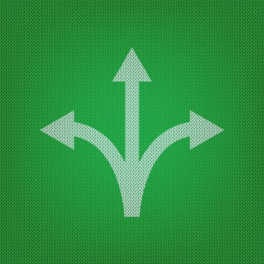 Three-way direction arrow sign. white icon on the green knitwear clipart