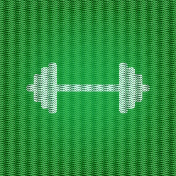 Dumbbell weights sign. white icon on the green knitwear or woole — Stock Vector