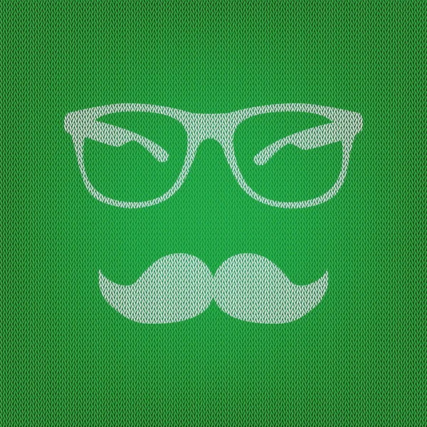 Sinal de bigode e óculos. ícone branco no tricô verde ou w —  Vetores de Stock