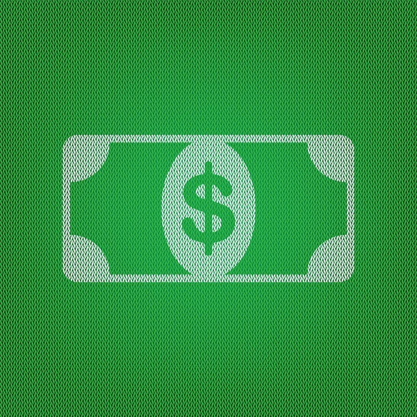 Poznámka: banka znak dolaru. bílá ikona na zelené pletené nebo woole — Stockový vektor