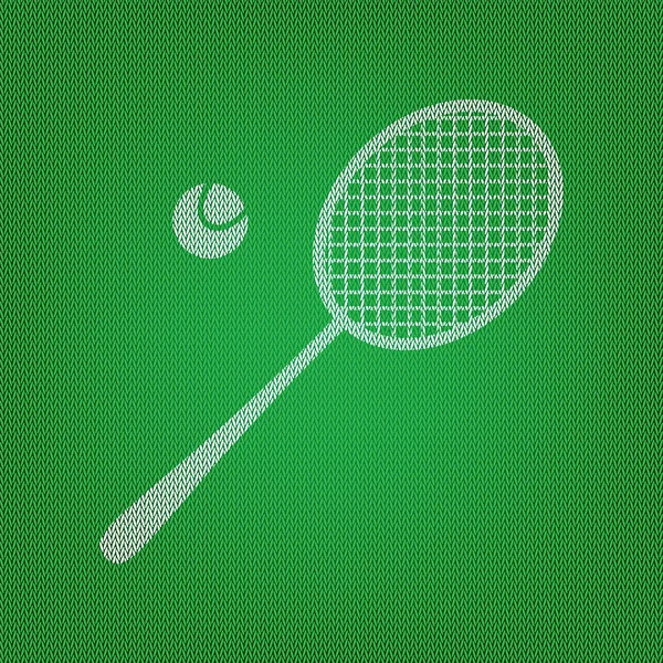 Panneau de raquette de tennis. icône blanche sur le tricot vert ou laine — Image vectorielle