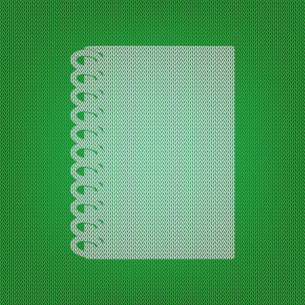 Señal simple de cuaderno. icono blanco en la prenda de punto verde o de lana — Vector de stock