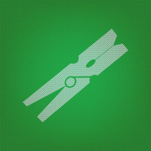 Sinal de peg de roupa. ícone branco no tricô verde ou clo de lã —  Vetores de Stock