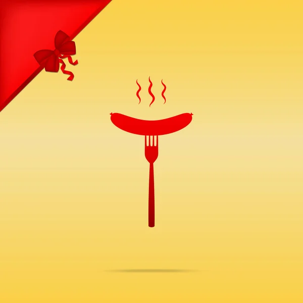 Saucisse à la fourchette. Icône rouge motif cristmas sur fond doré — Image vectorielle