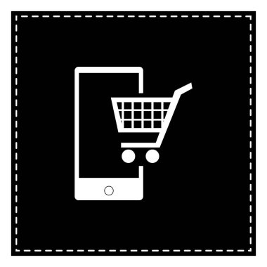 Akıllı telefon tabelada alışveriş. Beyaz arka planda siyah yama. Ben