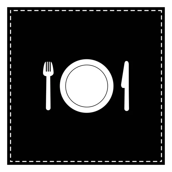 Forchetta, piatto e coltello. Toppa nera su sfondo bianco. Isolato — Vettoriale Stock