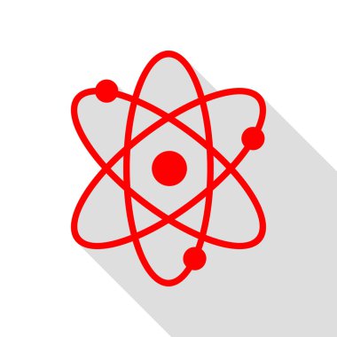 Atom işareti illüstrasyon. Düz stil gölge yolu ile kırmızı simge.