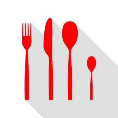 Çatal kaşık ve bıçak oturum açın. Düz stil gölge yolu ile kırmızı simge.