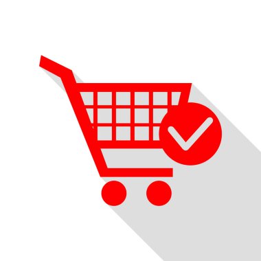 Onay işareti işareti ile alışveriş sepeti. Düz stil sha ile kırmızı simge