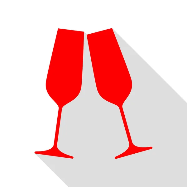 Copas de champán espumosas. Icono rojo con sombra de estilo plano — Vector de stock