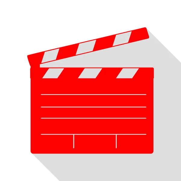 Film clap board cinéma signe. Icône rouge avec tapis d'ombre de style plat — Image vectorielle