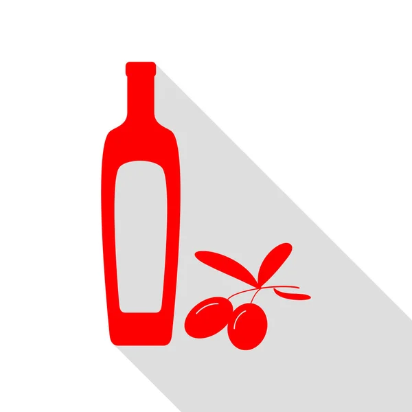 Rama de aceitunas negras con signo de botella de aceite de oliva. Icono rojo con fl — Vector de stock