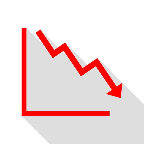 Стрілка, що вказує вниз, показує кризу. Червона іконка з плоским стилем — стоковий вектор